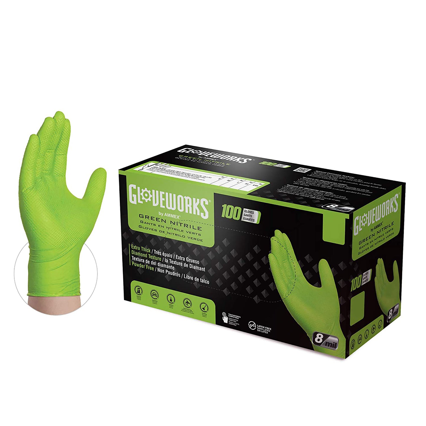 GLOVEWORK HD Green XL Nitrile 8mil Extra thick Diamond texture Powder free Gloves