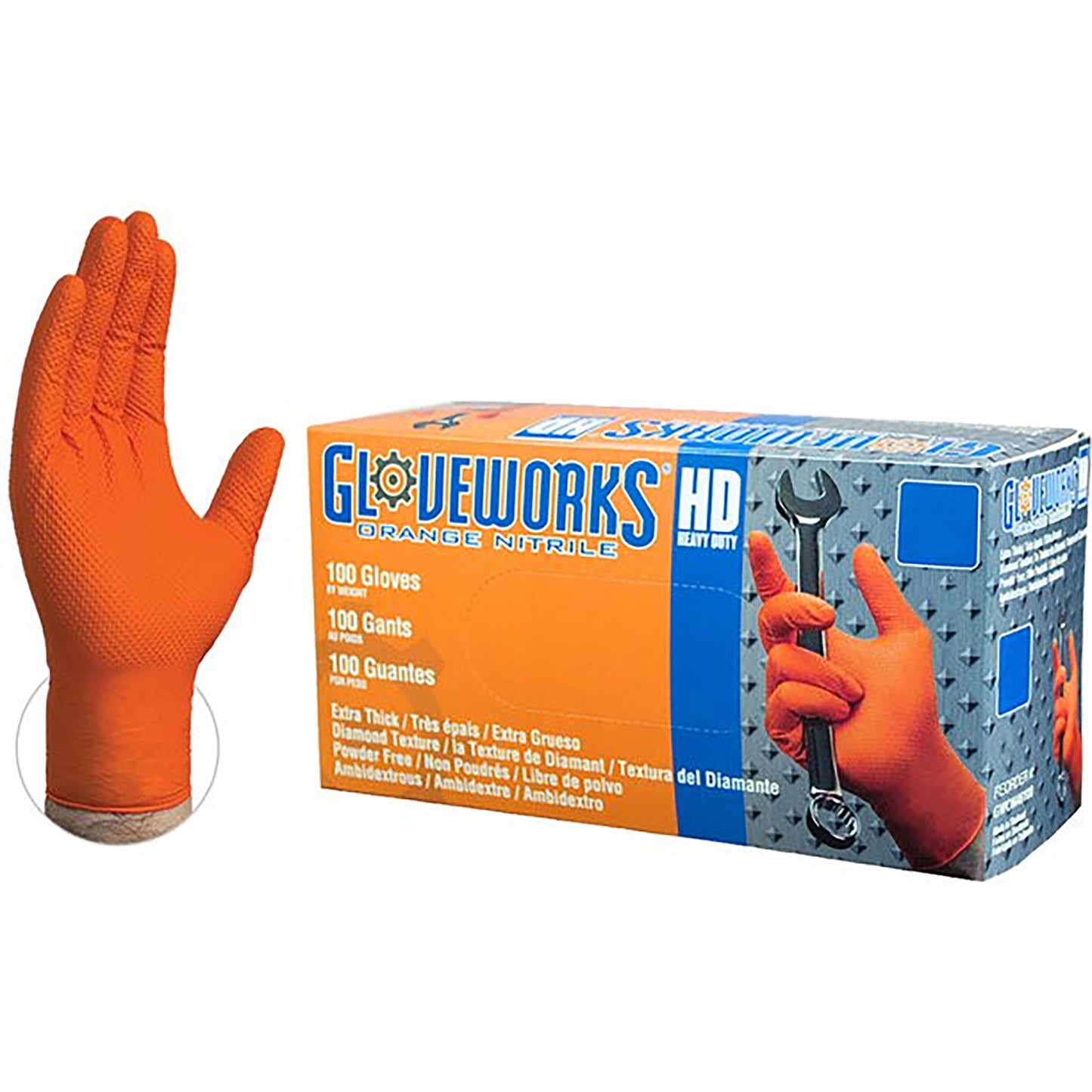 GLOVEWORKS HD Orange Large Nitrile 8mil Extra grip Powder free Gloves